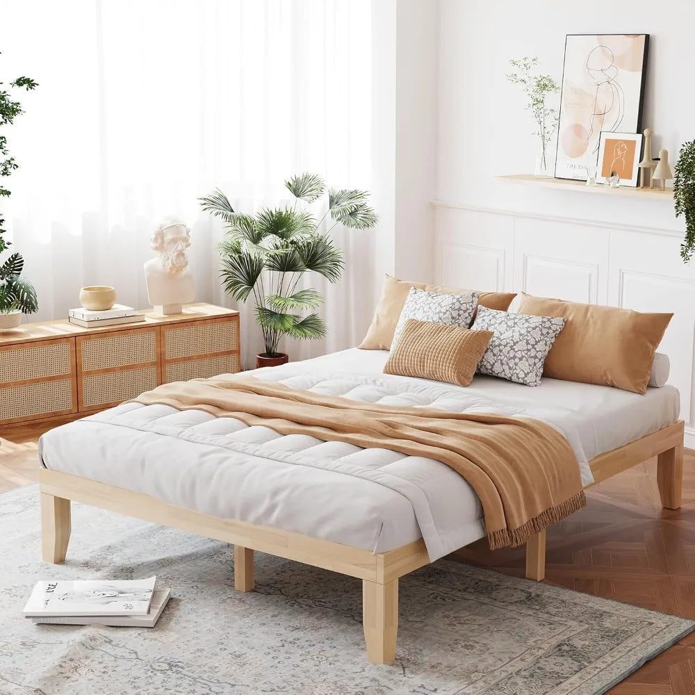 14 Inch Wood Platform Bed Frame,Minimalist Mattress Foundation with Solid Rubber Wood,Heavy Duty Slat Support, Without Headboard