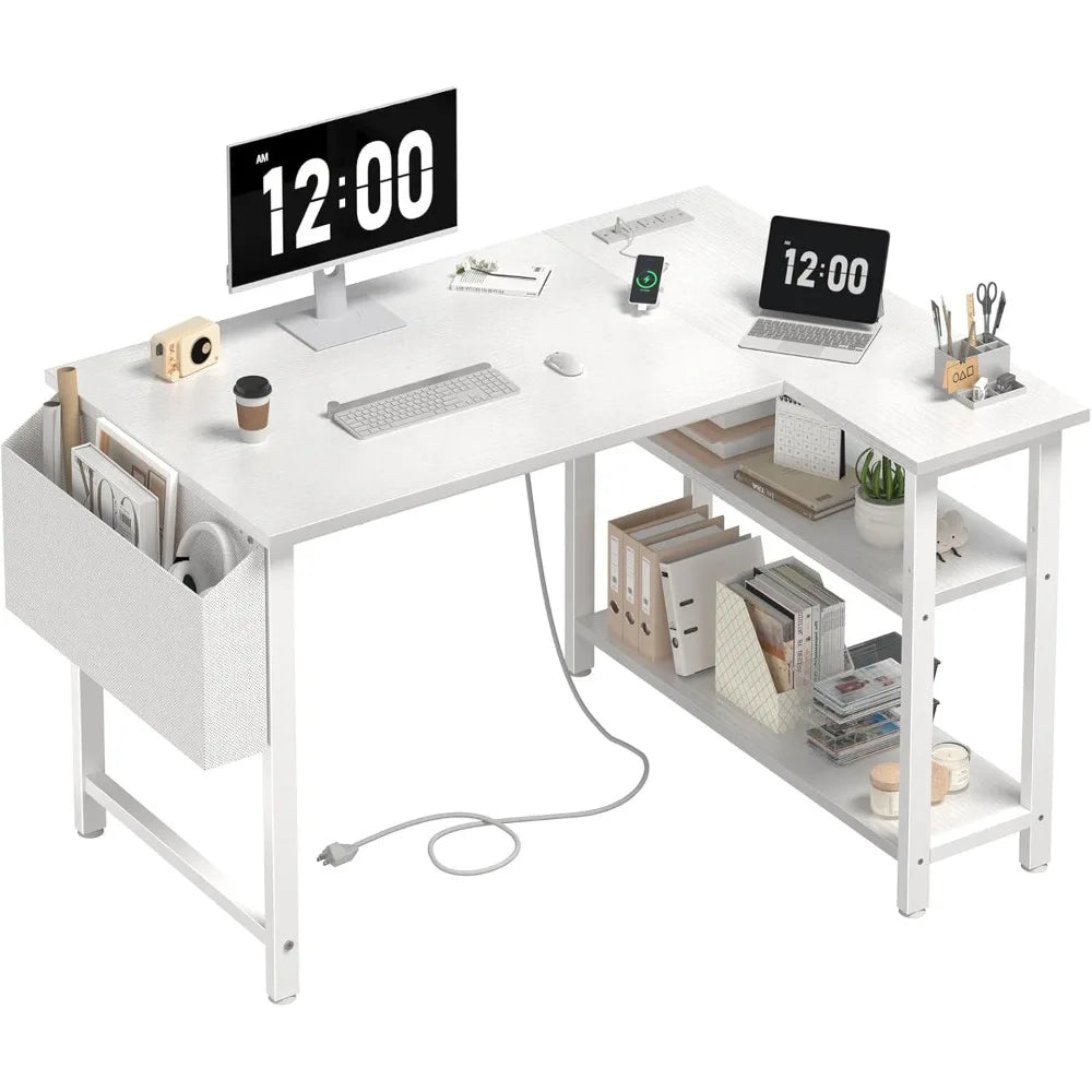 White L Shaped Computer Desk with Power Outlet Shelves, 40 Inch Small Corner Desk for Small Space Home Office, Study Work PC De