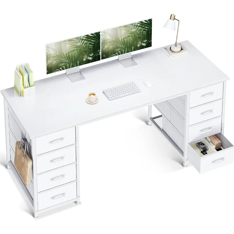 55 Inch Modern Computer Desk with 8 Fabric Drawers for Home Office Study and Gaming Spaces Large Storage Solution in White Fini