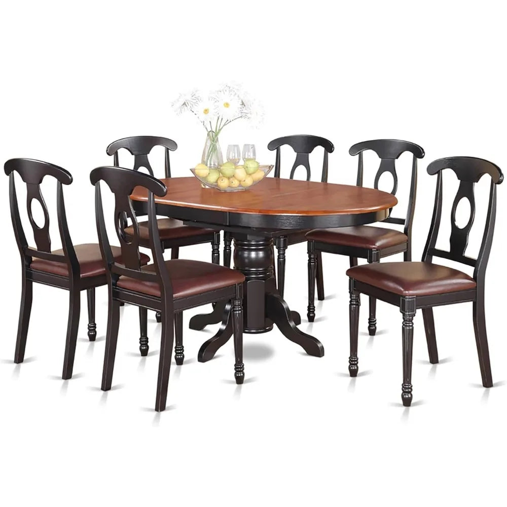 Modern 7-Piece Dining Set with Oval Table and Butterfly Leaf, Including 6 Faux Leather Chairs