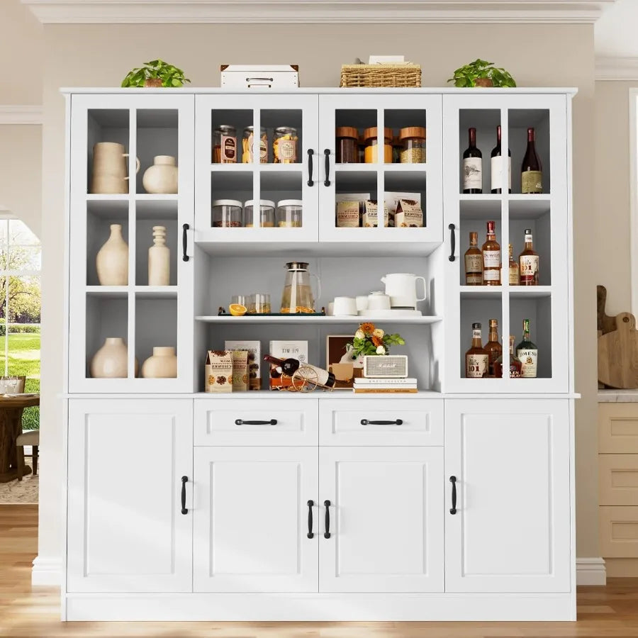 71 Tall Kitchen Pantry with Glass Doors 63'' Wide Storage Cabinet with Drawers Shelves Large Kitchen Hutch Chi Cabinet for Home