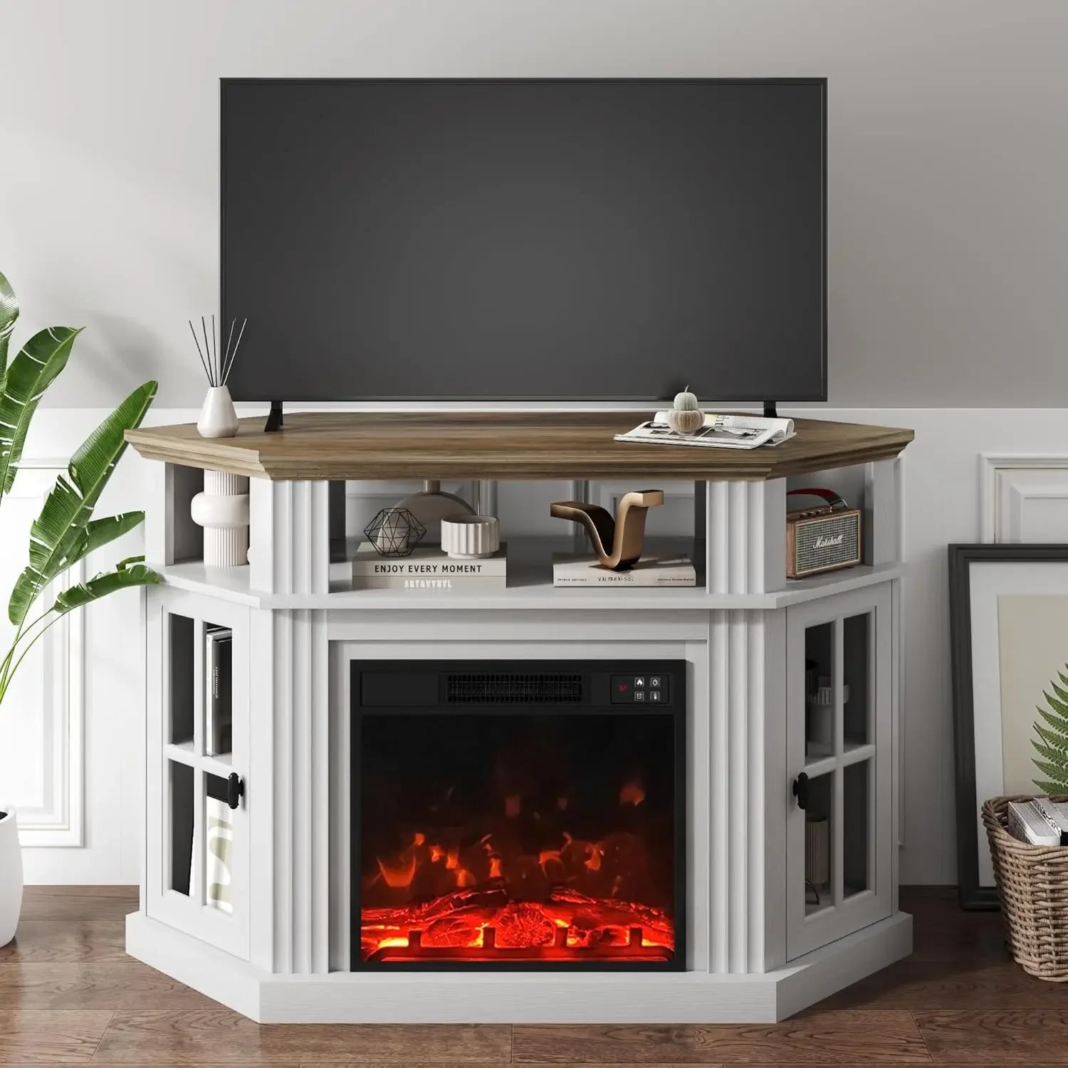 Corner Fireplace TV Stand for Television up to 55" with Storage Cabinets, Entertainment Center, Media Console for Living