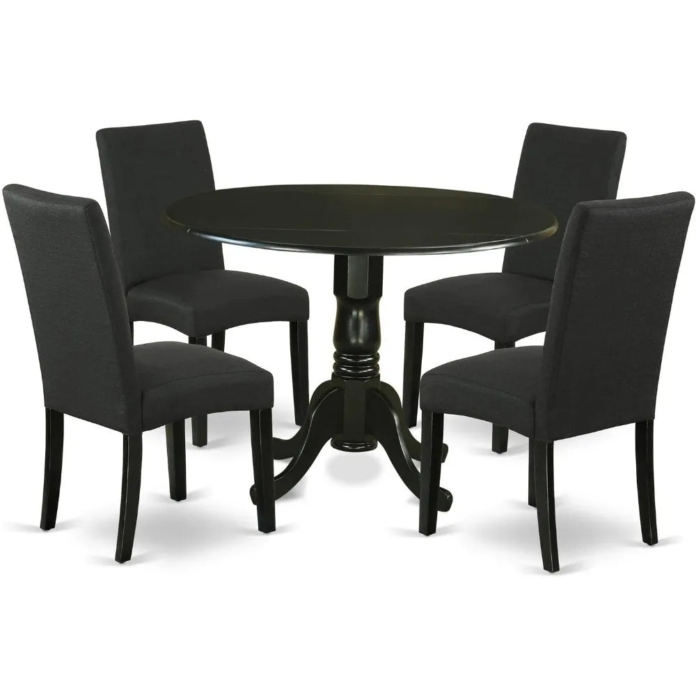 Modern 5-Piece Dining Set with Round Dropleaf Table and 4 Black Chairs