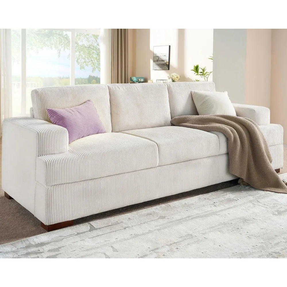 89in Comfy Couch, 3 Seater Sofa with Wood Legs, Deep Seat Sofa- White Corduroy Modern Couch for Living Room