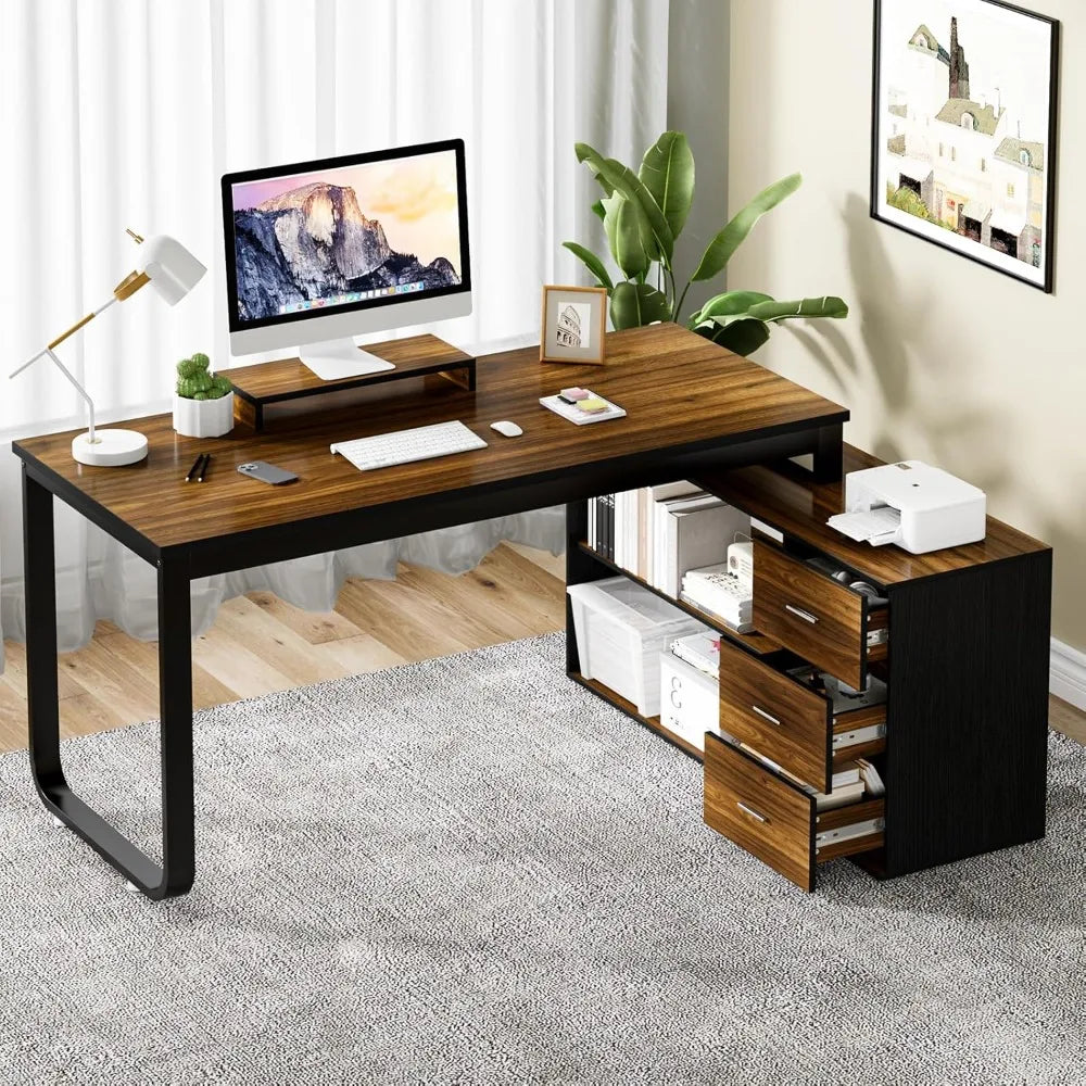 L Shaped with Storage Shelves, Corner Computer Desk with Drawers, Home Office Desk with Removable Monitor Stand,