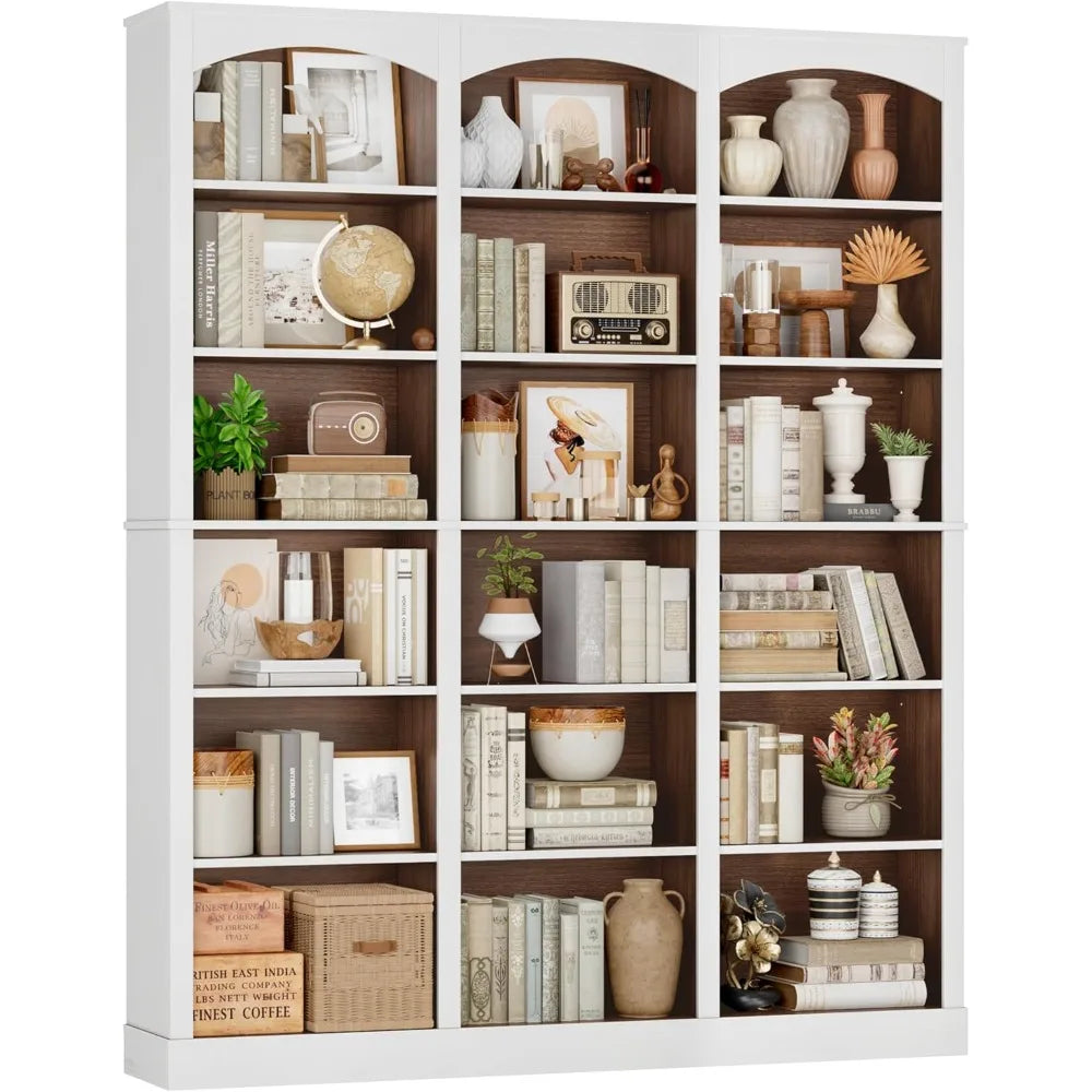 71 Triple Wide Bookshelf, 6 Tier Tall Bookshelf, Large Bookcase with Curved Baffle, 63.4 Wide Book Shelf with 18 Open
