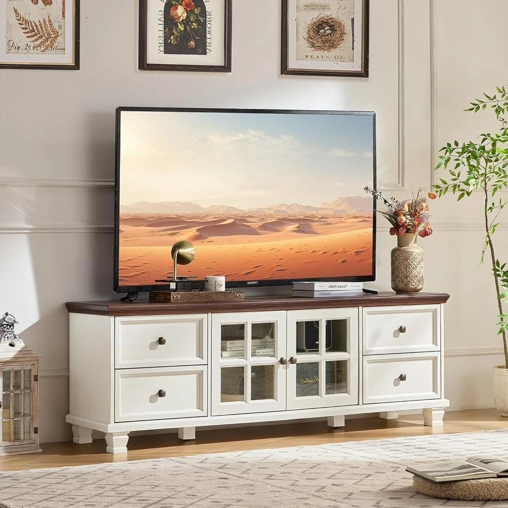 Farmhouse TV Stand for Living Room, Rustic Entertainment Center with Storage Cabinet,Wood TV Console with 4 Drawers