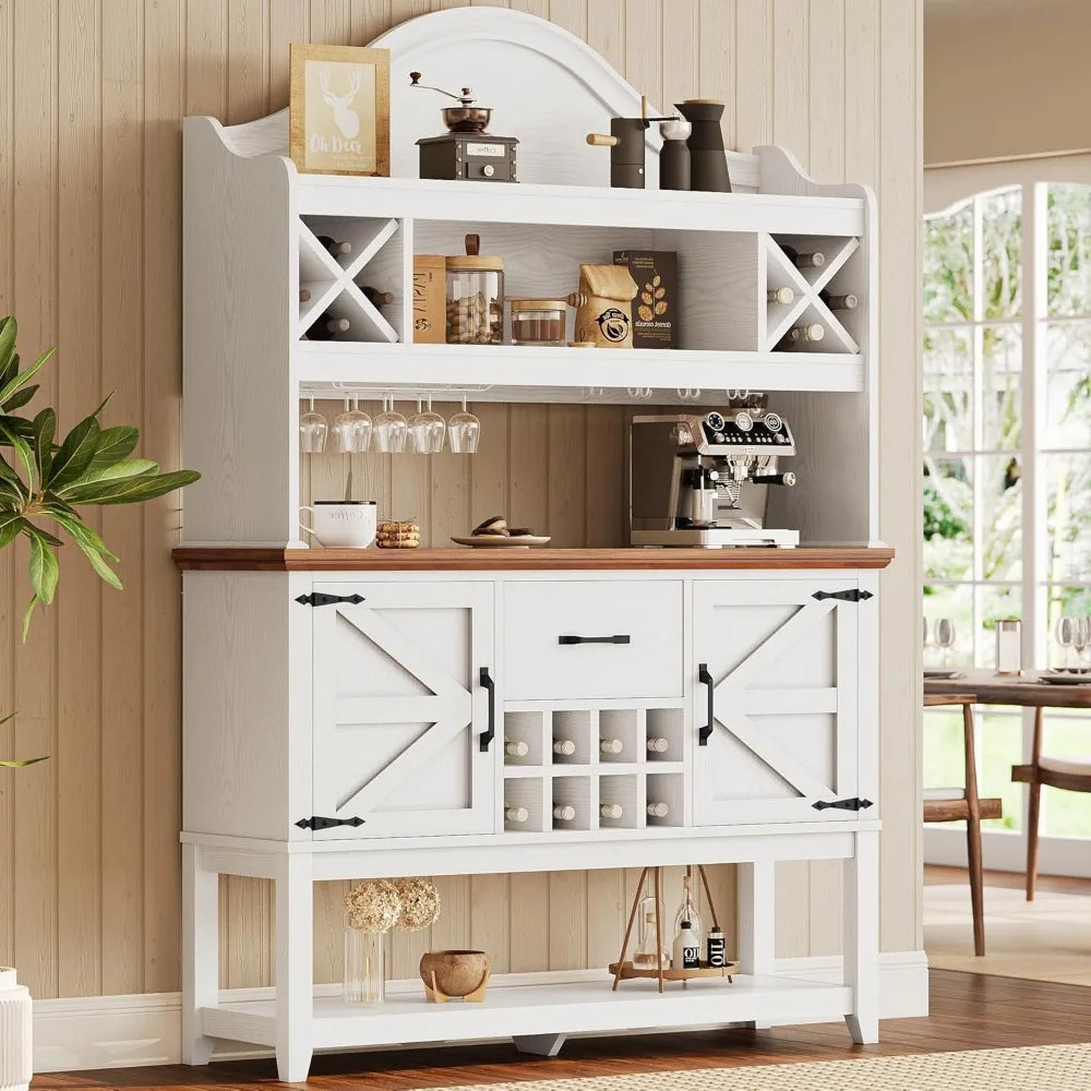 Coffee Bar Cabinet, Farmhouse Large Kitchen Buffet with Hutch & Wine Glass Rack, Pantry Cabinet for Creating a Complete Home Bar