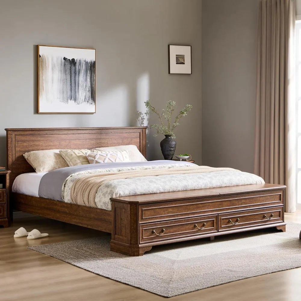 farmhouse king bed with headboard and storage bench, rustic wood platform bed with 80" storage chest w/ 4 large drawer, dark br