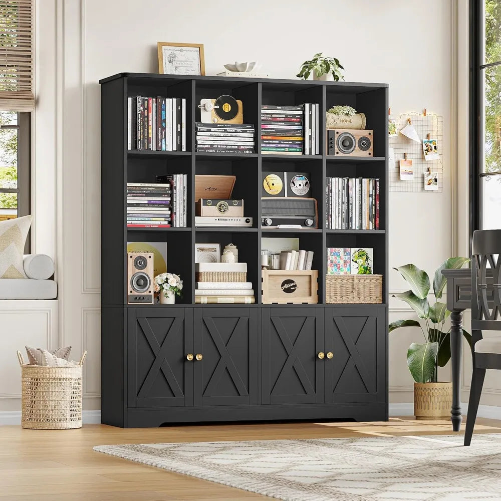 Double Wide Kids Bookshelf with 4 Doors, 47.6 Wide Storage Bookcase for Children's Books