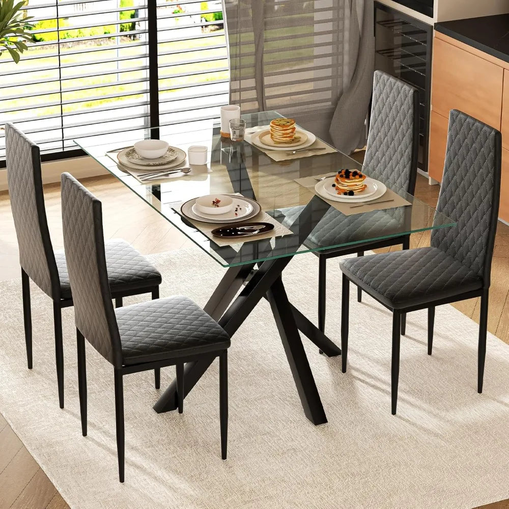 Glass Dining Table Set for 4, 5 Piece Dining Table Set with 4 Black Leather Kitchen Chairs, 51.18" Rectangle Dinner Table