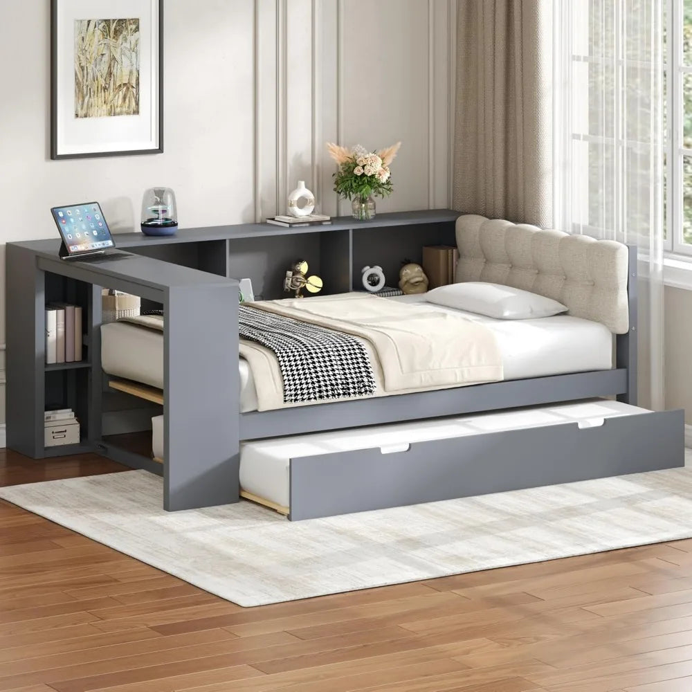 Twin-Sized Daybed with Trundle, Desk, and Storage Shelves, Wooden Corner Bed with Padded Headboard, Charging Station, and Booksh